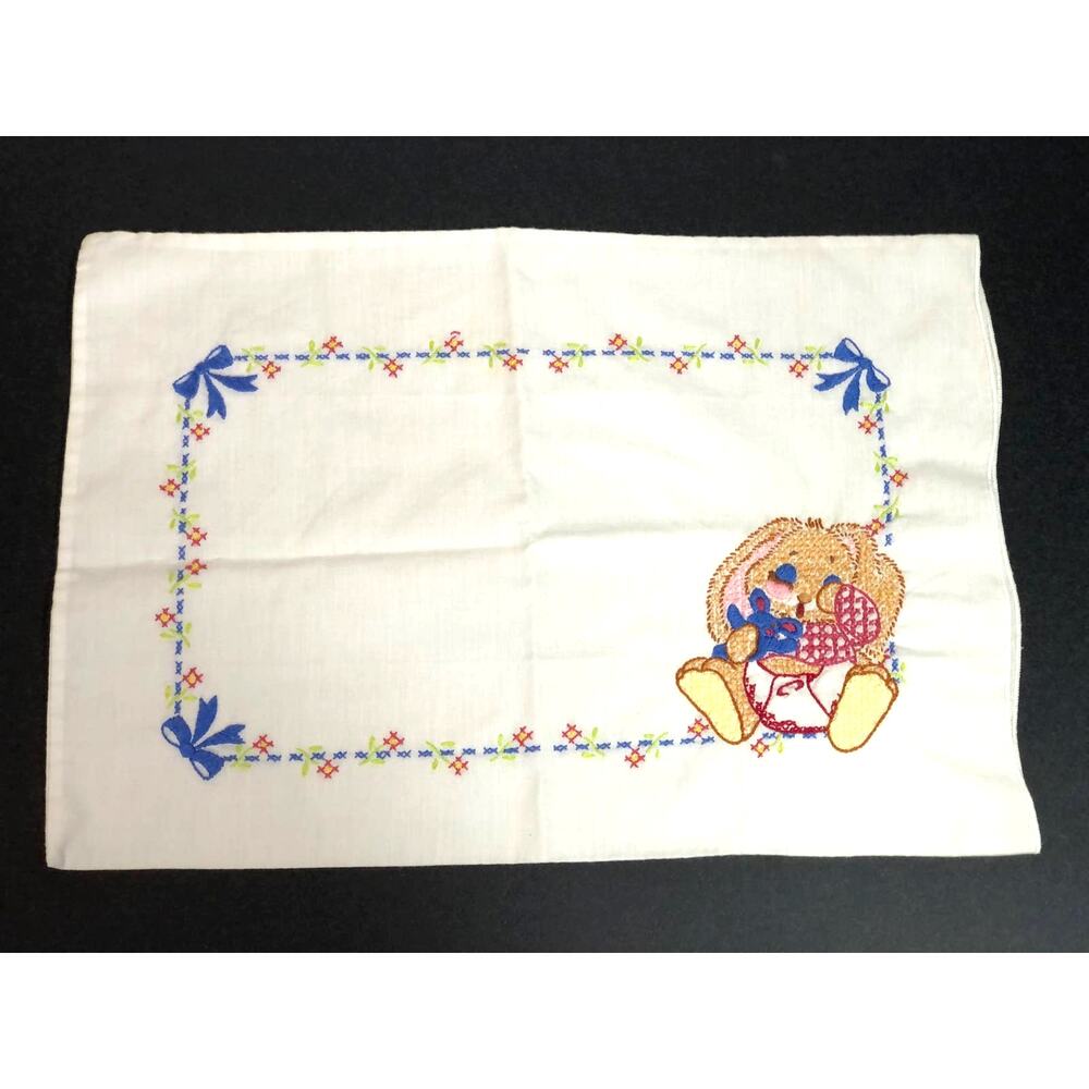 Vintage Embroidered Bunny Rabbit Baby Pillowcase, Handmade